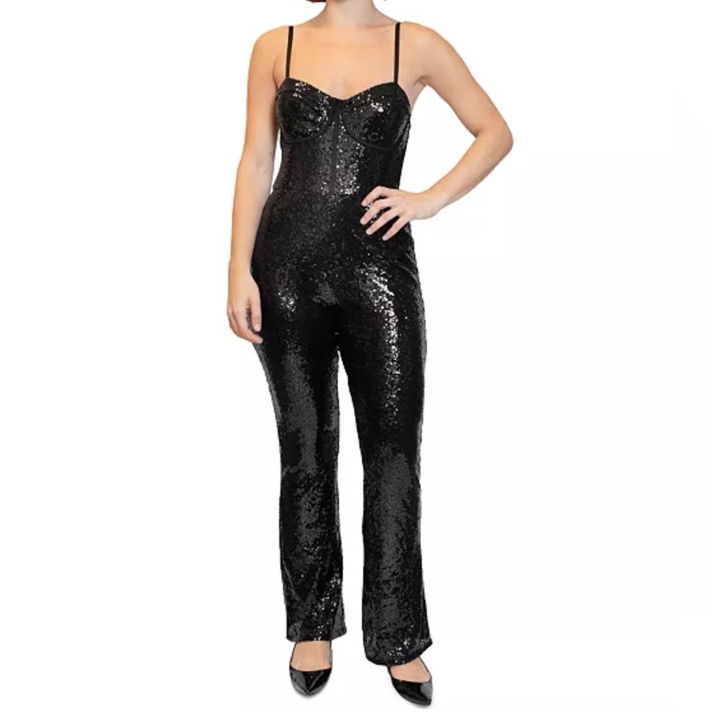 Dylan Ryan NYC Black Bustier Flare-Leg Sequin Jumpsuit